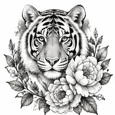 Peony Tiger, fine line realism tattoo inspiration