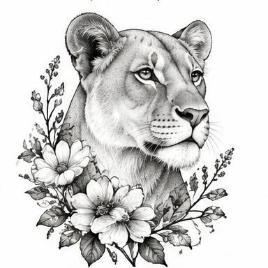 Wildflower Lioness, fine line realism tattoo inspiration