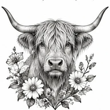 Daisy Highland Cow, botanical animal tattoo inspiration
