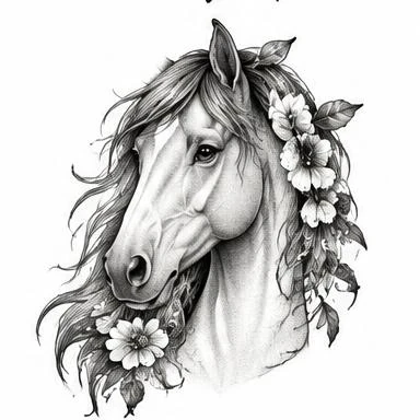 Botanical Horse, fine line realism tattoo inspiration