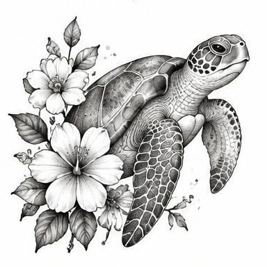 Hibiscus Sea Turtle, floral realism tattoo inspiration