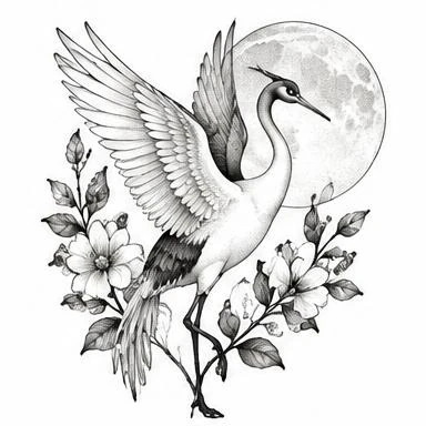 Moonlit Crane, botanical animal tattoo inspiration