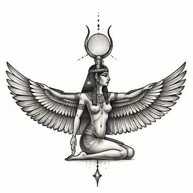Isis Enthroned, egyptian fine line tattoo inspiration