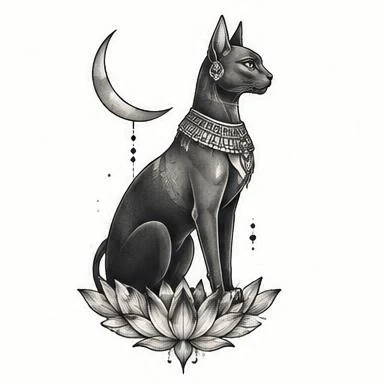 Bastet Moon, egyptian fine line tattoo inspiration
