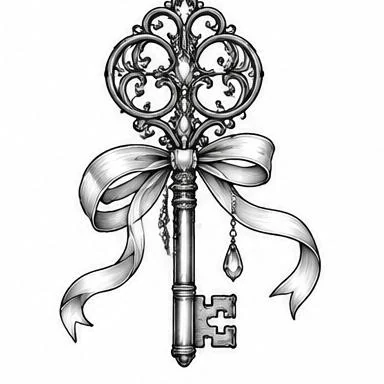 Ribbon Key, storybook blackwork tattoo inspiration